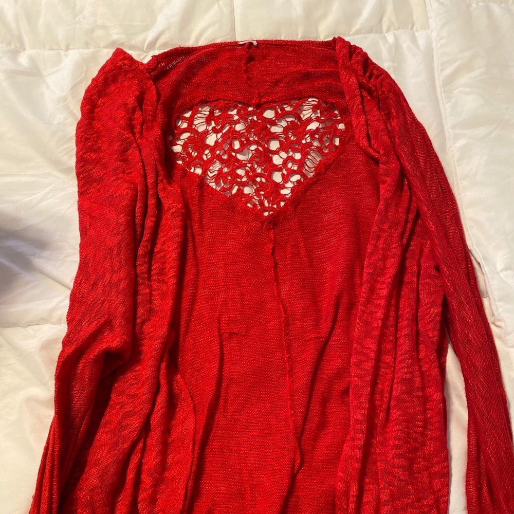 Red heart cardigan.